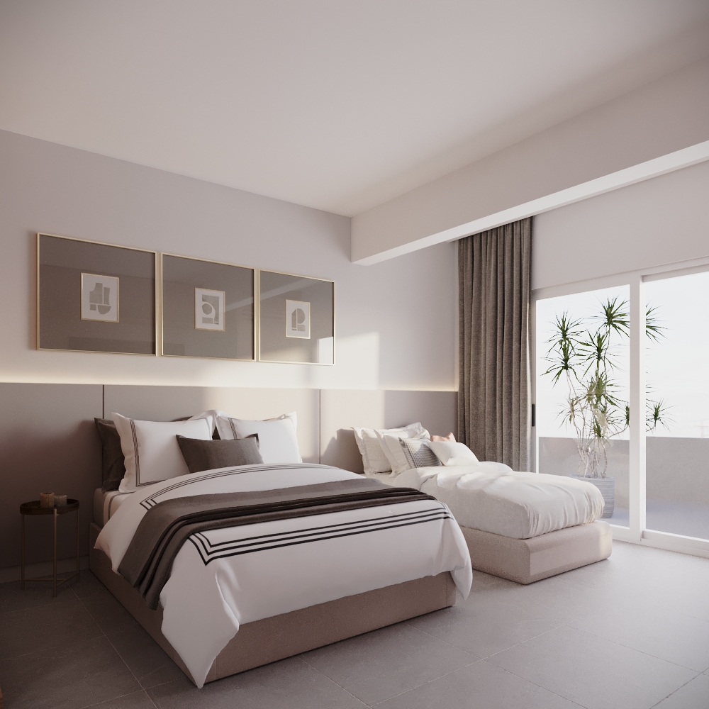 Quarto do Loft 11 com cama de casal, cama extra e acesso à varanda